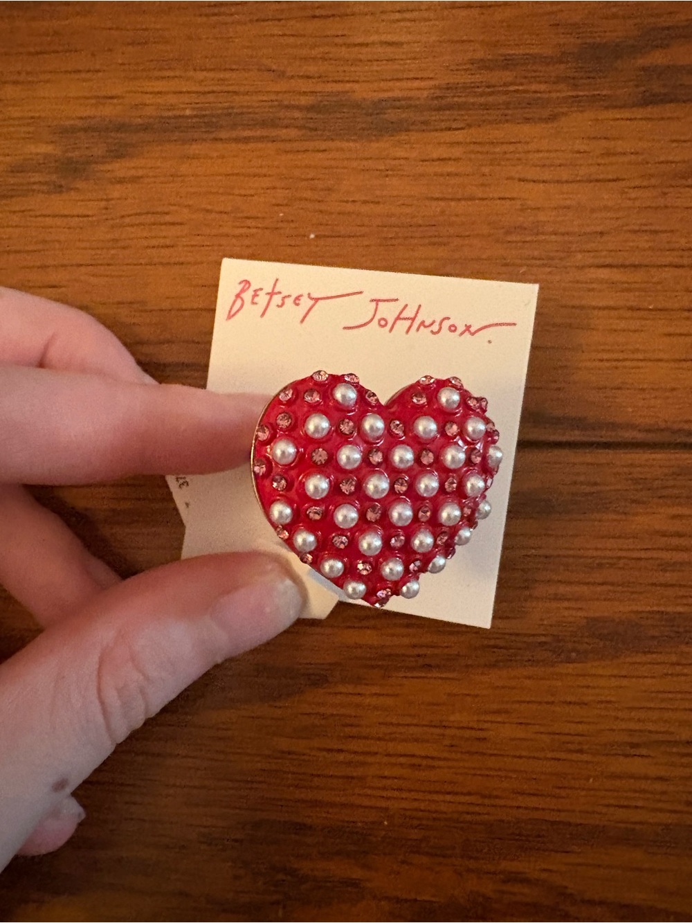 Betsey Johnson Red Pearl-Studded Heart ring adjustable